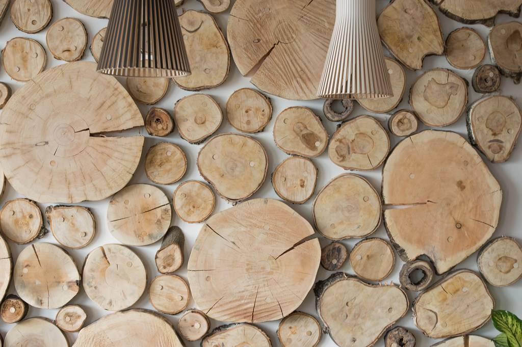 Спилы дерева для декора: панно, изделия, отделка стен из среза дерева - 15 фото