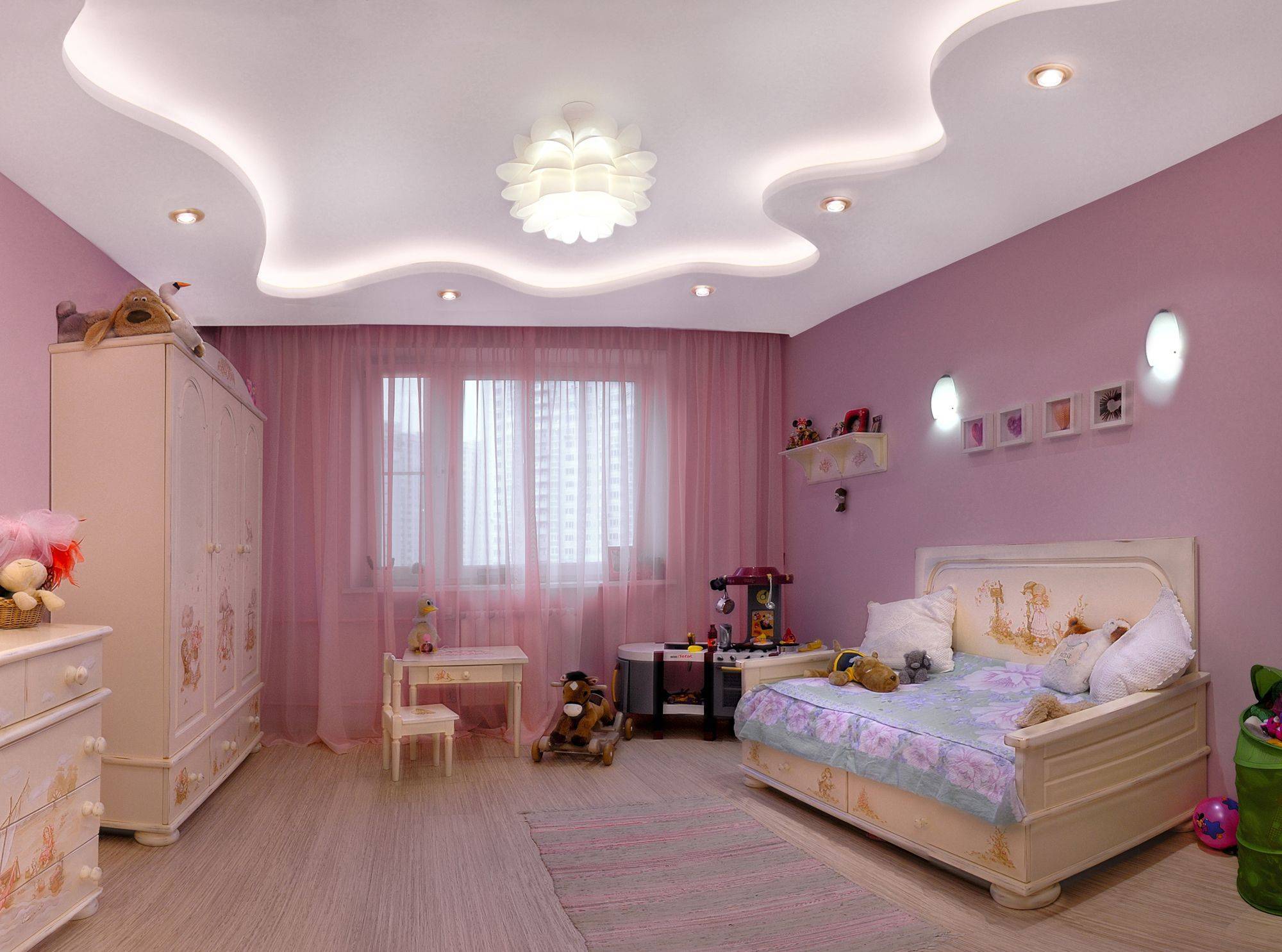 Потолок из гипсокартона: фото спальни и детской, с подсветкой подвесные и дизайн комнаты